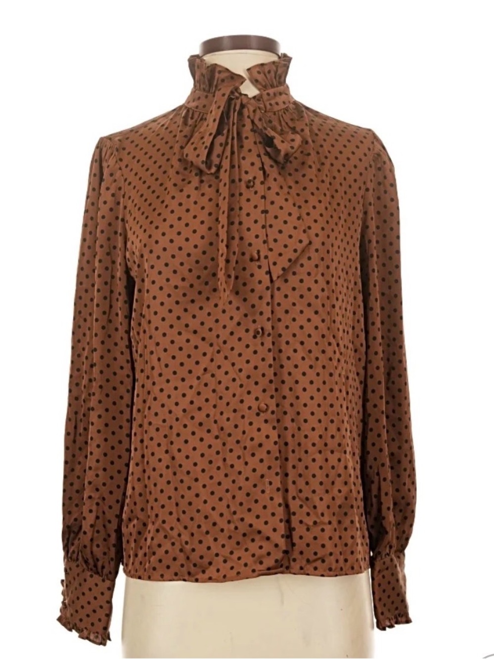 Polka Dot Bow Neck Long-Sleeve Blouse - Brown